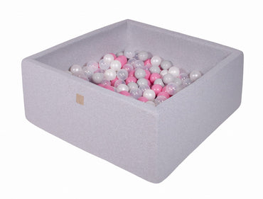 Vierkante ballenbak - Licht grijs met Transparante, Licht roze, Parelwitte en Grijze ballen